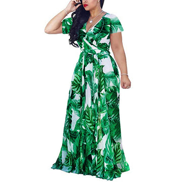 Women Dress V-neck Short Sleeve Casual Long Dresses
