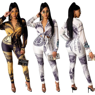 US Dollar Money Printed 2 Pieces Sets Women Outfits