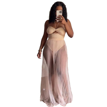 Women Chain Halter Neck Sleeveless Bodysuit And Mesh Pleated Maxi Skirts
