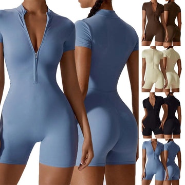 Women Solid Color Summer Zippered Short Sleeve Yoga Shapewear