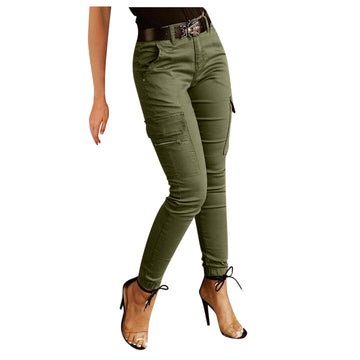 Women Solid Zipper Pocket Design Cargo Pants