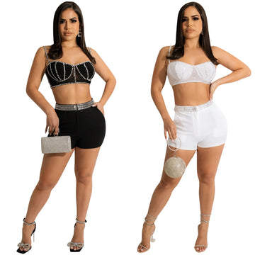 Women Diamond Suspenders Zip Crop Tops And Shorts 2 Two Piece Set