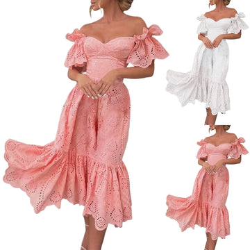 Women Boho Hollow Out Crochet Ruffled Party Dress