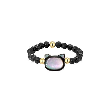 Natural Moonstone & Obsidian Cat Bead Ring