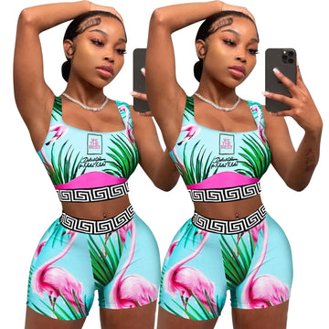 Women Summer Print Sexy Pullover Vest Top And Shorts